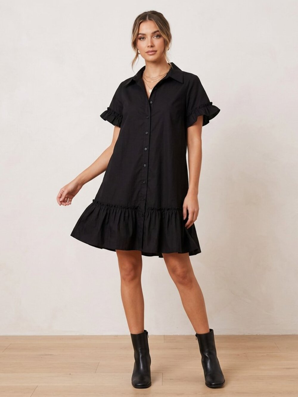 Meadow Rhodes Ruffled Shirt Mini Dress Black Small NWT Ruffle Button Front